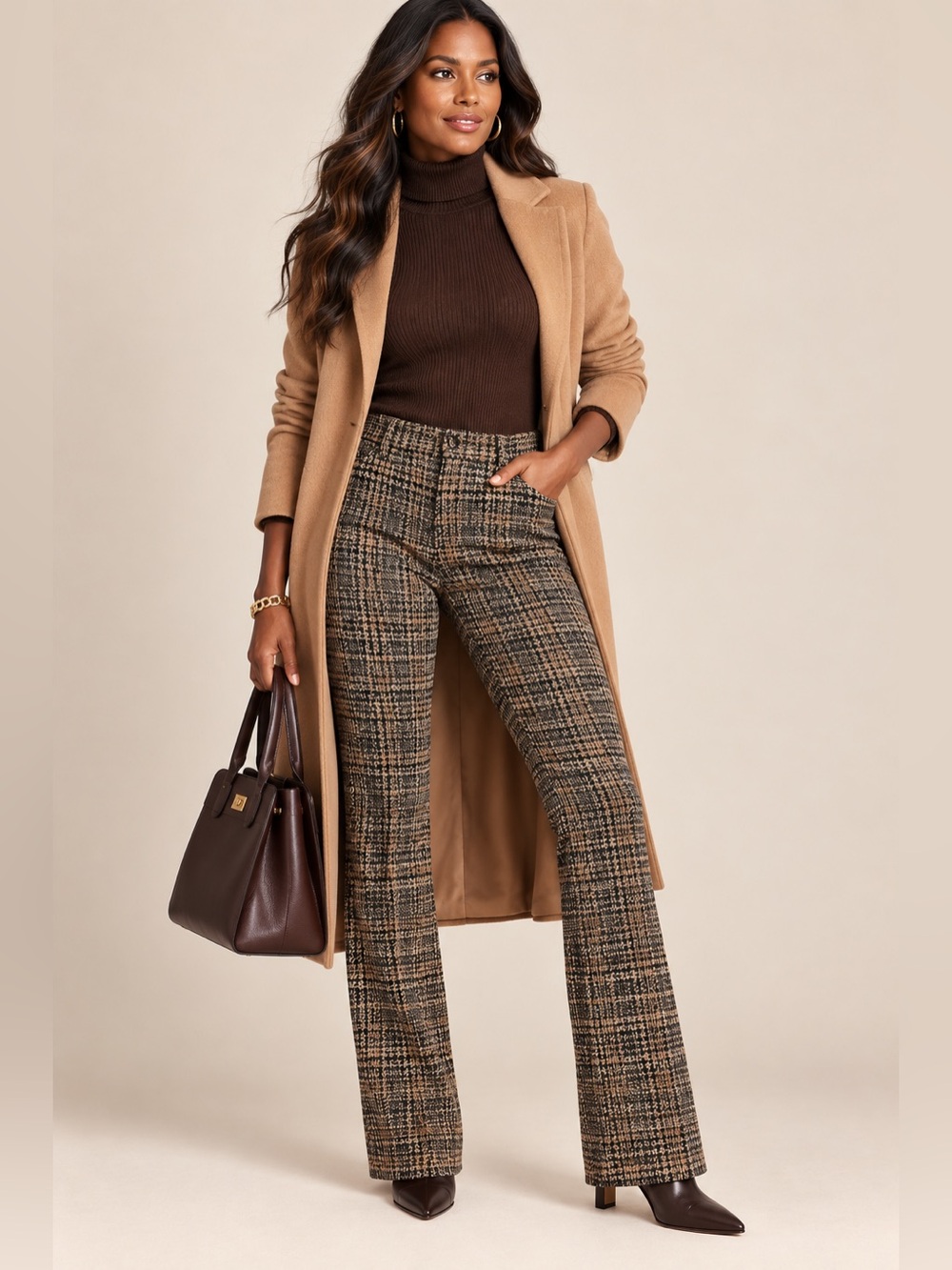 Elie Tahari Glen Plaid Classic Flare Trouser Pants Black Tan 30”Waist 32”Inseam